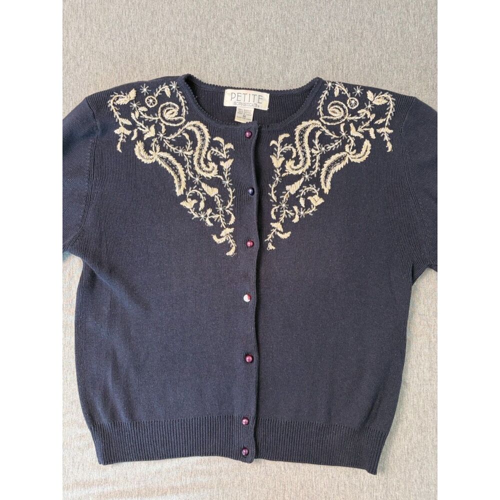 Vtg Petite Sophisticate M Navy Beaded Embroidered Cardigan Dk Academia Coquette